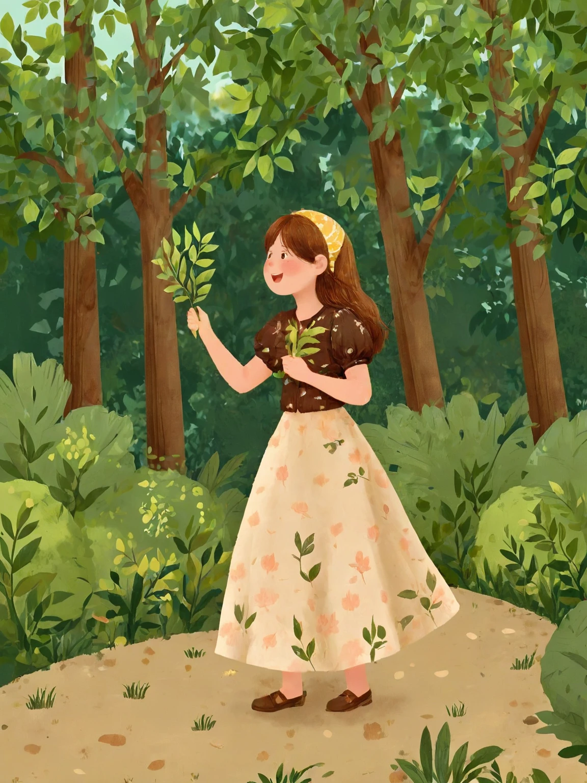 <lora:chatu0516:0.7>,illustrations,1girl,solo,outdoors,basket,leaf,tree,from side,short sleeves,hands up,skirt,grass,holding,._.,puffy sleeves,plant,smile,nature,closed mouth,wide shot,blush stickers,puffy short sleeves,floral print,brown footwear,brown hair,long skirt,standing,bangs,hand up,vest,shirt,bush,hair behind ear,print skirt,forest,day,long hair,full body,foliage,blush,walking,medium skirt,looking to the side,yellow headwear,