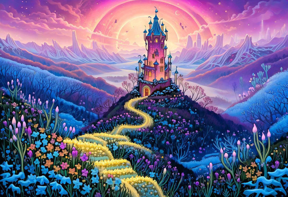 intricate detail, photorealism, 8k uhd, dslr, soft lighting, high quality, film grain,
a fantasy tower in a (otherworldly hilly landscape:1.1),ethereal glow,bright colors,winter,strange landscape full of bioluminescent flowers,(charming scene:1.1) DreamlikeIllustration