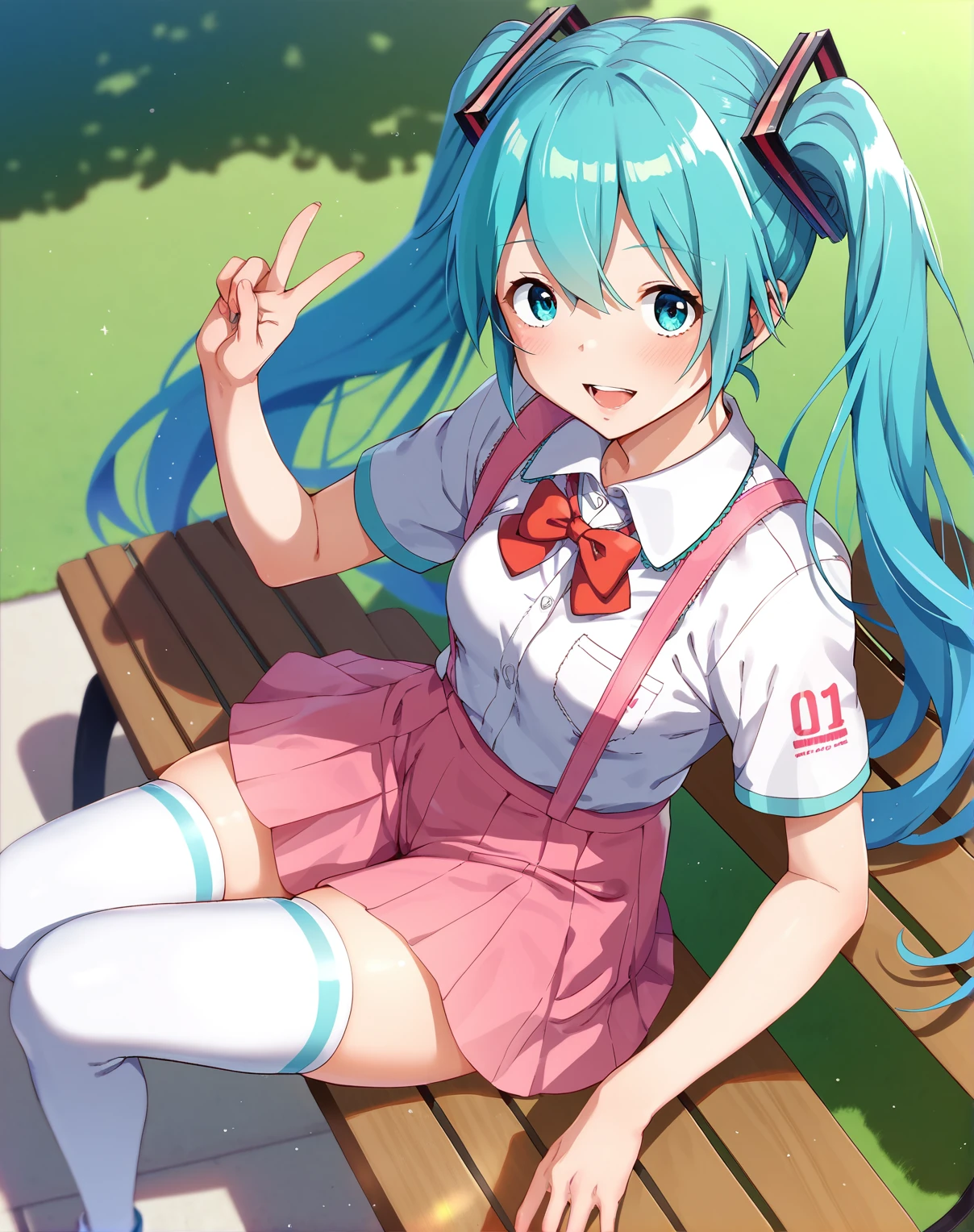 score_9, score_8_up, score_7_up,score_6_up,  1girl sitting on a park bench, dutch angle, smile, blush, open mouth, (hatsune miku:0.8), white shirt, pink skirt, bowtie,  thighhighs, suspenders, bow
urnsty<lora:uran_style_pony6_v1-000036:.9>