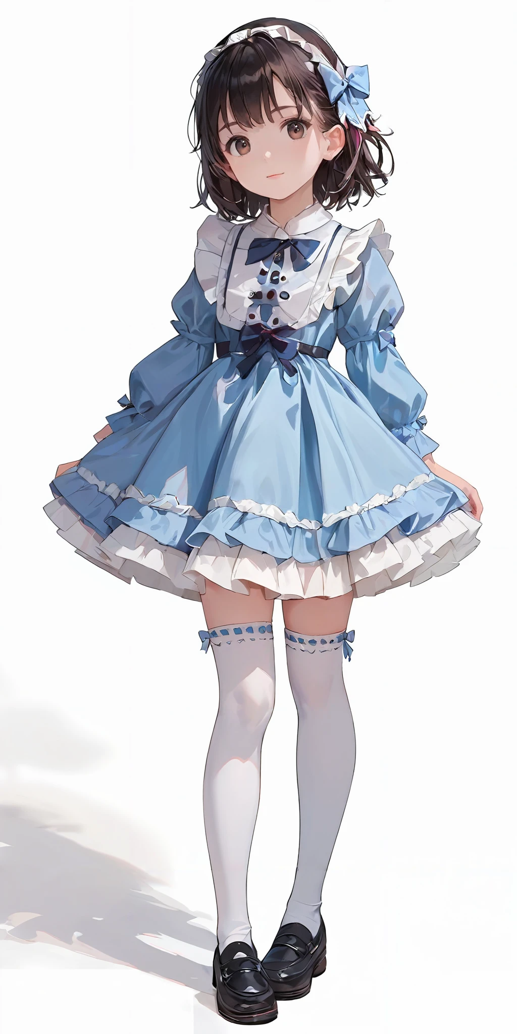 score_9, score_8_up, score_7_up,source_anime, high res image,masterpiece,best quality,girl,cowboy shot,cute face,simple background, <lora:gothic dress_Pony_V1.0:1.2> jyojifuku, dress, frills, ribbon, hair bow,thighhighs,shoes