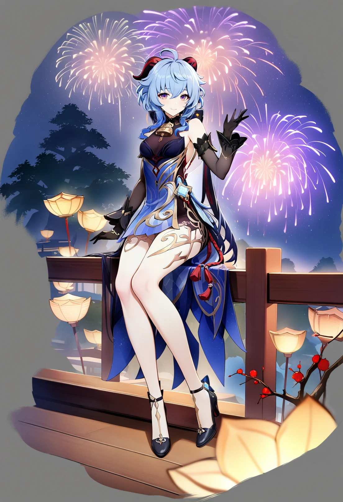 grey background, masterpiece, best quality, <lora:GachamiHoYoXL_ANI31_lokr_V42310:0.95> 1girl, ganyu \(genshin impact\), solo, dress, blue hair, horns, gloves, official alternate costume, bare shoulders, detached sleeves, blue dress, black gloves, purple eyes, ahoge, sitting, looking at viewer, high heels, sleeveless dress, black footwear, black dress, sleeveless, gradient dress, breasts, fireworks, full body, hand up, long hair, bare legs, night, night sky, sky, thighs, smile, vision \(genshin impact\), long sleeves, moon, goat horns, tree, medium breasts, arm support