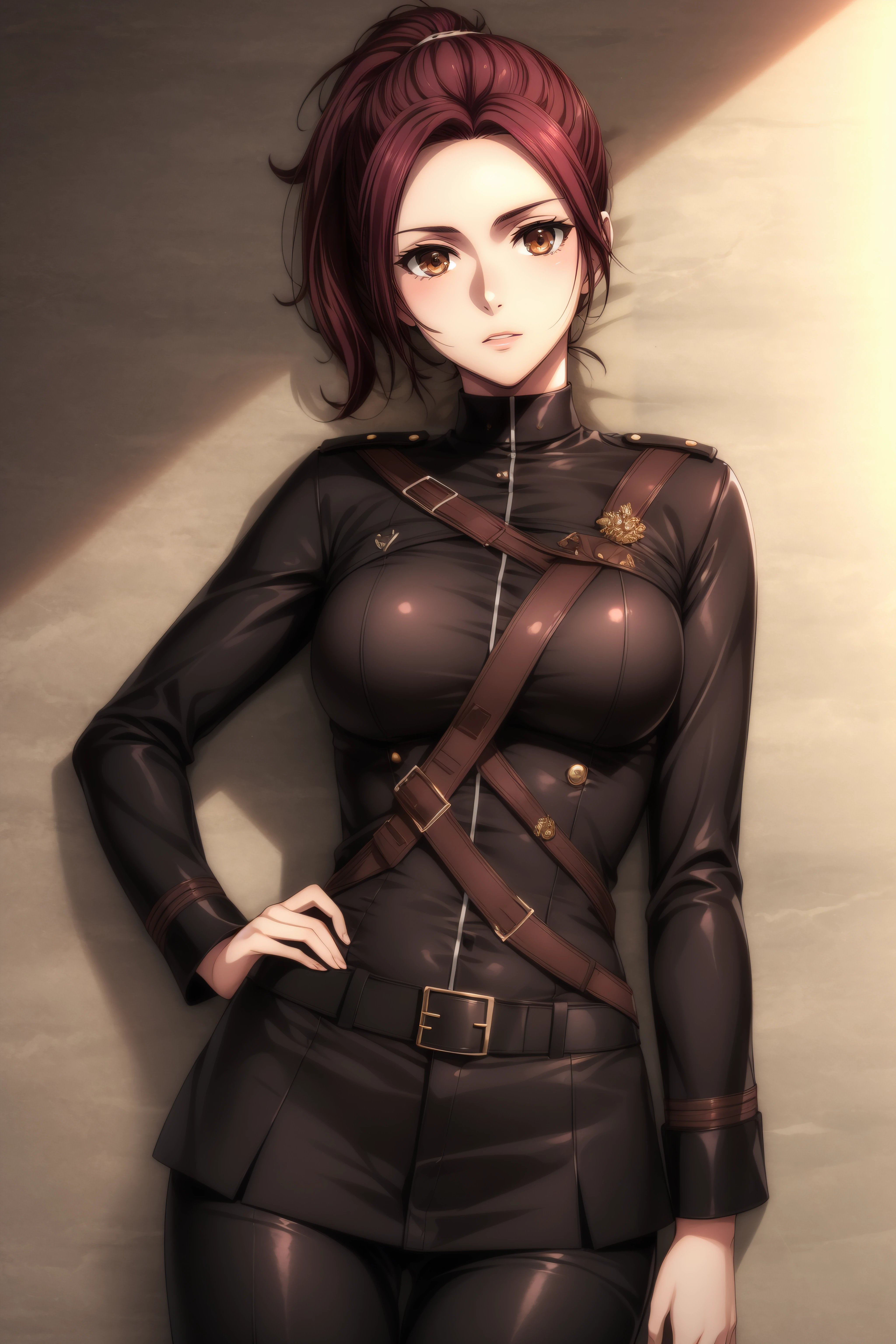 (masterpiece, best quality), <lora:Sasha Braus-lora-Faxtron:0.8> sasha blouse, brown eyes, brown hair, short ponytail, medium breasts, black paradis military uniform, long black sleeves, black pants,
<lora:add_detail:0.8>