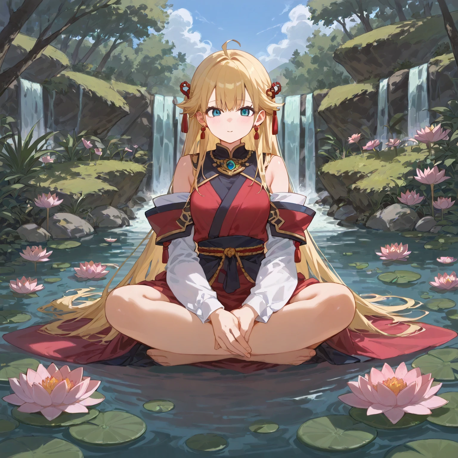 score_9, score_8_up, score_7_up, score_6_up, source anime, 1girl, looking at viewer, lotus position, lotus, waterfall, sitting, masterpeice, best quality, very aesthetic, absurdres