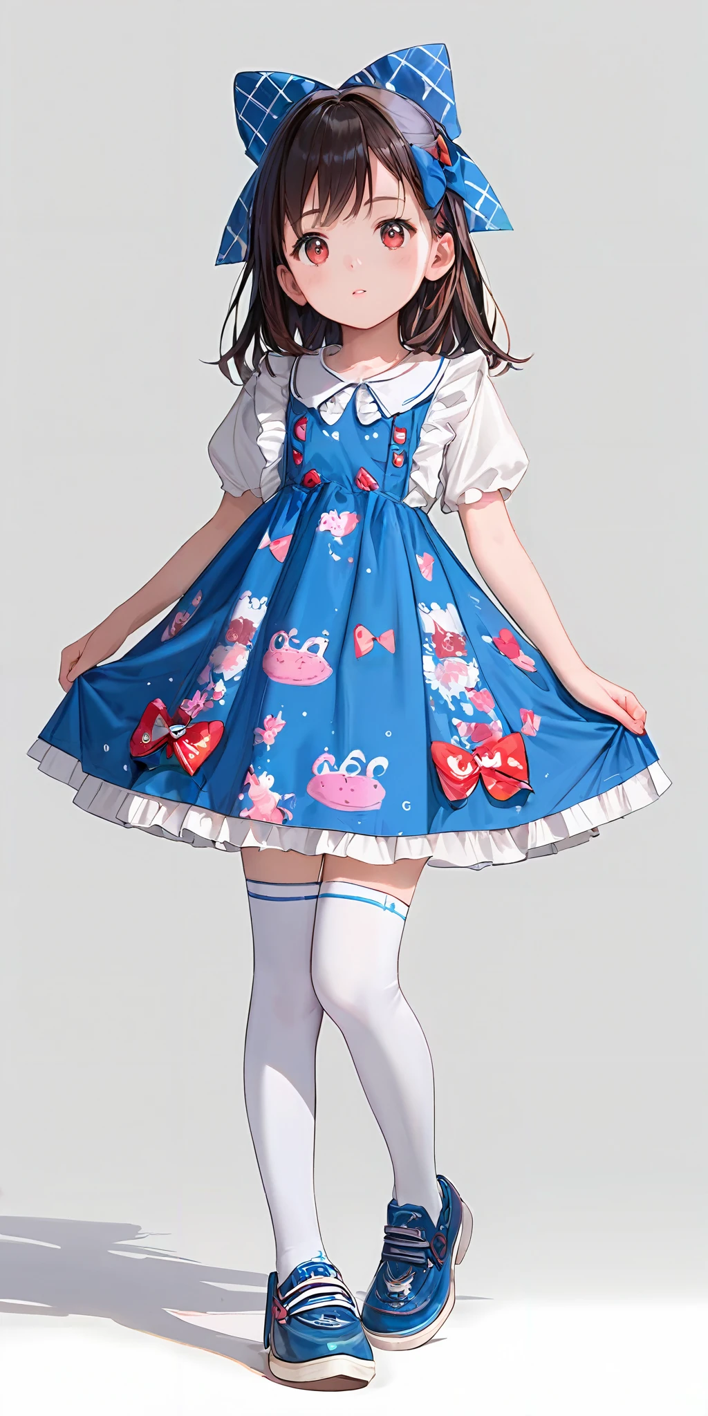 score_9, score_8_up, score_7_up,source_anime, high res image,masterpiece,best quality,girl,cowboy shot,cute face,simple background, <lora:gothic dress_Pony_V1.0:1.2> jyojifuku, print dress, frills, ribbon, hair bow,thighhighs,shoes