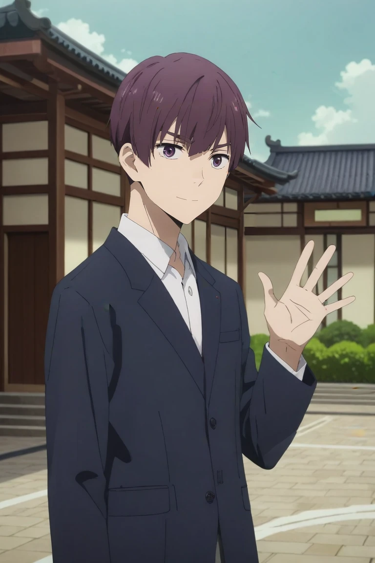 score_9, score_8_up, score_7_up, source_anime, rating_safe, intricate details, anime screencap, , official style, , , 1boy, solo, male focus, <lora:ryou_hoshino_pony:0.94>, ryou_hoshino, purple hair, purple eyes, short hair, focused, dojo, day, sunny, waving, smile, , <lora:sdxl_lightning_8step_lora:1>