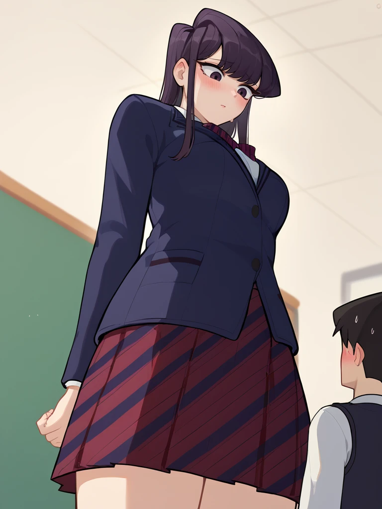 Score_9, score_8_up, score_7_up, score_6_up, source_anime, classroom background, low angle, from below, 1girl, 1boy, larger_female, smaller_male, size_difference, standing, BREAK, Komi Shouko, shy, embarrassed, school uniform, dark blue jacket, arms behind back, BREAK, <lora:Larger_Female:1>
