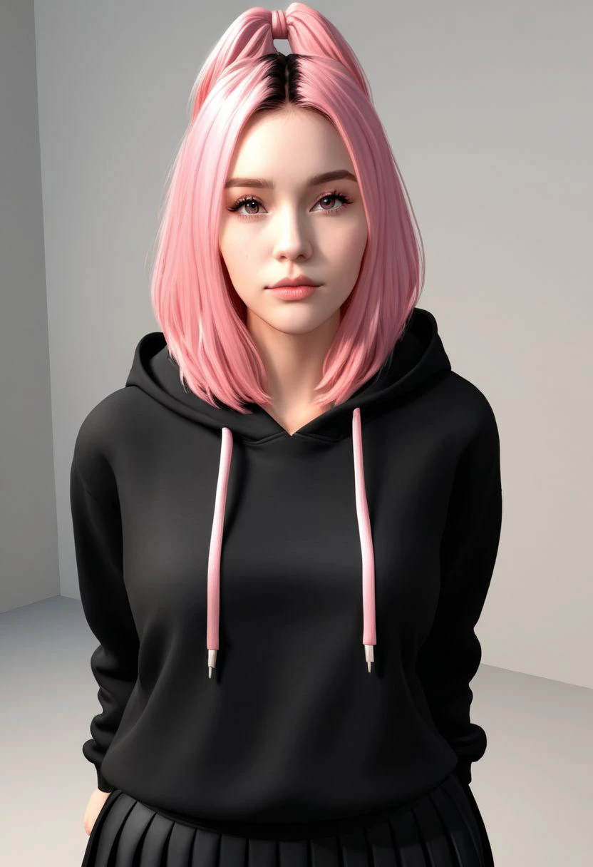 vpzdxizz, 1girl, solo, hoodie, skirt, hood, pink hair, black skirt, hood down, pleated skirt, looking at viewer, long hair, realistic,  sidelighting,  cinematic angle, masterpiece, best quality ,