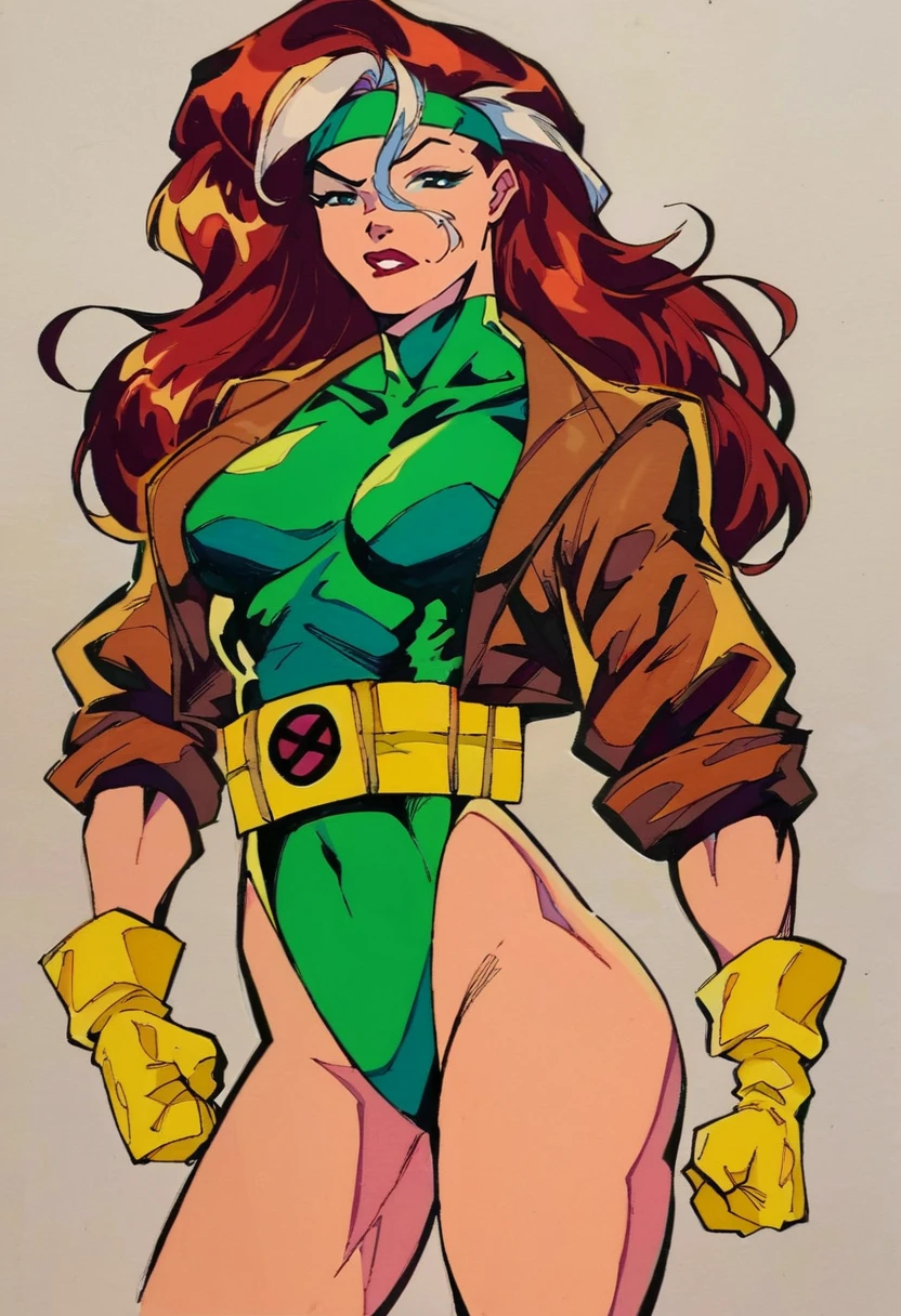 score_9, score_8_up, score_7_up, score_6_up, 1girl, solo, looking at viewer, DEFrogue, breasts, long hair, dyed bangs, green headband, two-tone leotard, high leg leotard, brown jacket, yellow gloves, belt, clenched fists, rolled up sleeves, smile, standing, cowboy shot, cropped feet, foreshortening, science fiction, hatching (texture), marker (medium), traditional media, retro artstyle, <lora:j_lee_xmen-06:1>, <lora:rogue-guy-PONYv1:0.6>