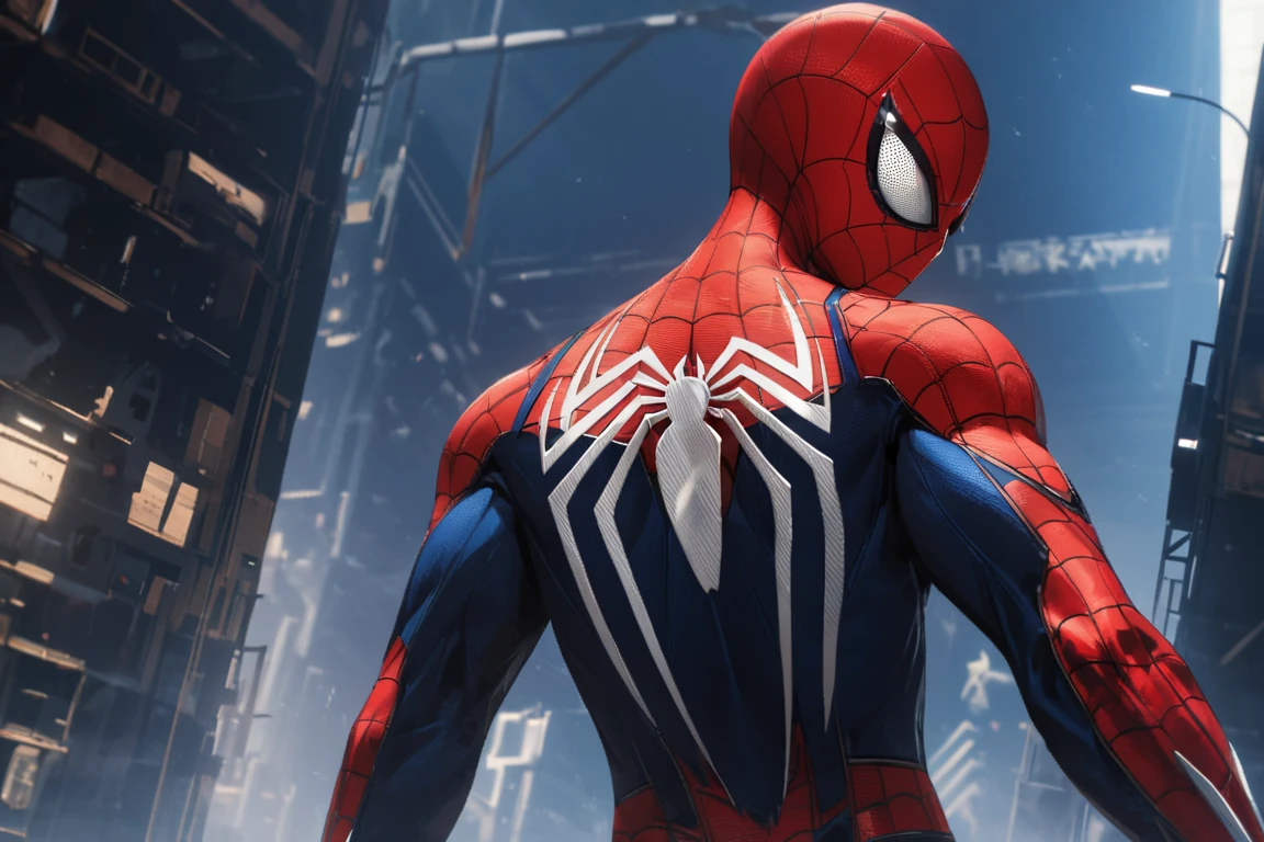 1man,detailed face,extremely detailed,UHD,award wining,correct_anatomy,spiderman ps4,spider web printing,red bodysuit,looking back,masterpeice,highly detailed,rich in detail,viewed from behind<lora:EMS-289246-EMS:0.800000>, <lora:EMS-373988-EMS:1.000000>