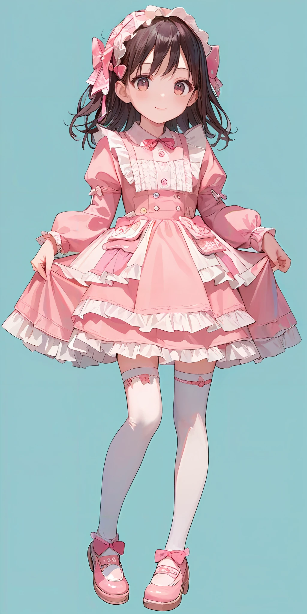 score_9, score_8_up, score_7_up,source_anime, high res image,masterpiece,best quality,girl,cowboy shot,cute face,simple background, <lora:gothic dress_Pony_V1.0:1.2> jyojifuku, pink dress, frills, ribbon, hair bow,thighhighs,shoes