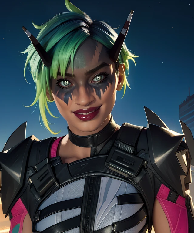 alterxl,white eyes,black sclera,green hair,black face paint,short hair,white bodysuit,gloves,clothing cutout,night,smile,mechanical horns,evil smile,
(insanely detailed, masterpiece, best quality),<lora:alter:1>,