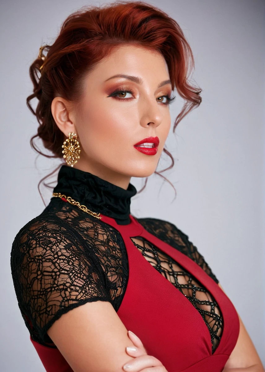 glamorous photo of a captivating masterpiece of an woman in a (((criss-cross neckholder dress with turtleneck))) ,long earrings, necklace, half body, The intricate lace and gold details exude a very rebellious aura. ((The use of high-shine gloss adds a touch of glamour to the look)), ((while the deep red and black hues give it a dramatic vibe)), blurred background, studio ligthing, facing camera, shallow depth of field, <lora:MS_AshleyRobbins_SDXL:0.9>, high fashion, luxurious, extravagant, stylish, sensual, opulent, elegance, stunning beauty, professional, high contrast, detailed,