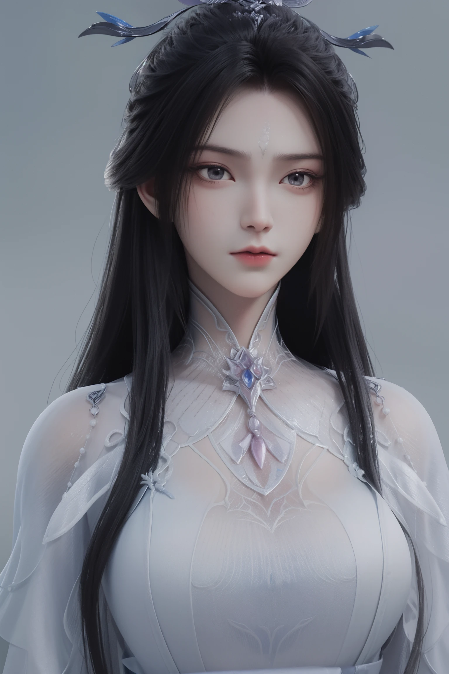 <lora:luxueqiCN:1>,luxueqi,
1girl,solo,long hair,forehead mark,hair ornament,black hair,facial mark,alpha transparency,see-through,upper body,looking at viewer,simple background,expressionless,jewelry,dress,hair bun,closed mouth,white dress,grey background,, best quality , masterpiece, illustration, an extremely delicate and beautiful, extremely detailed ,CG,unity,8k wallpaper, Amazing, finely detail, masterpiece, best quality,official art,extremely detailed CG unity 8k wallpaper,absurdres, incredibly absurdres, huge filesize , ultra-detailed, highres, extremely detailed,beautiful detailed girl, extremely detailed eyes and face, beautiful detailed eyes,light on face,