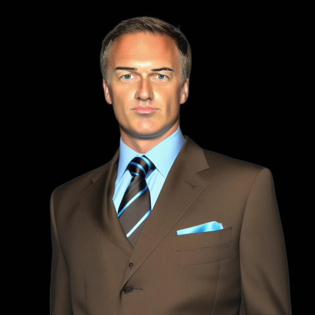 Photograph 1boy, close-up, brown business suit, pale blue necktie, Windsor knot, black background