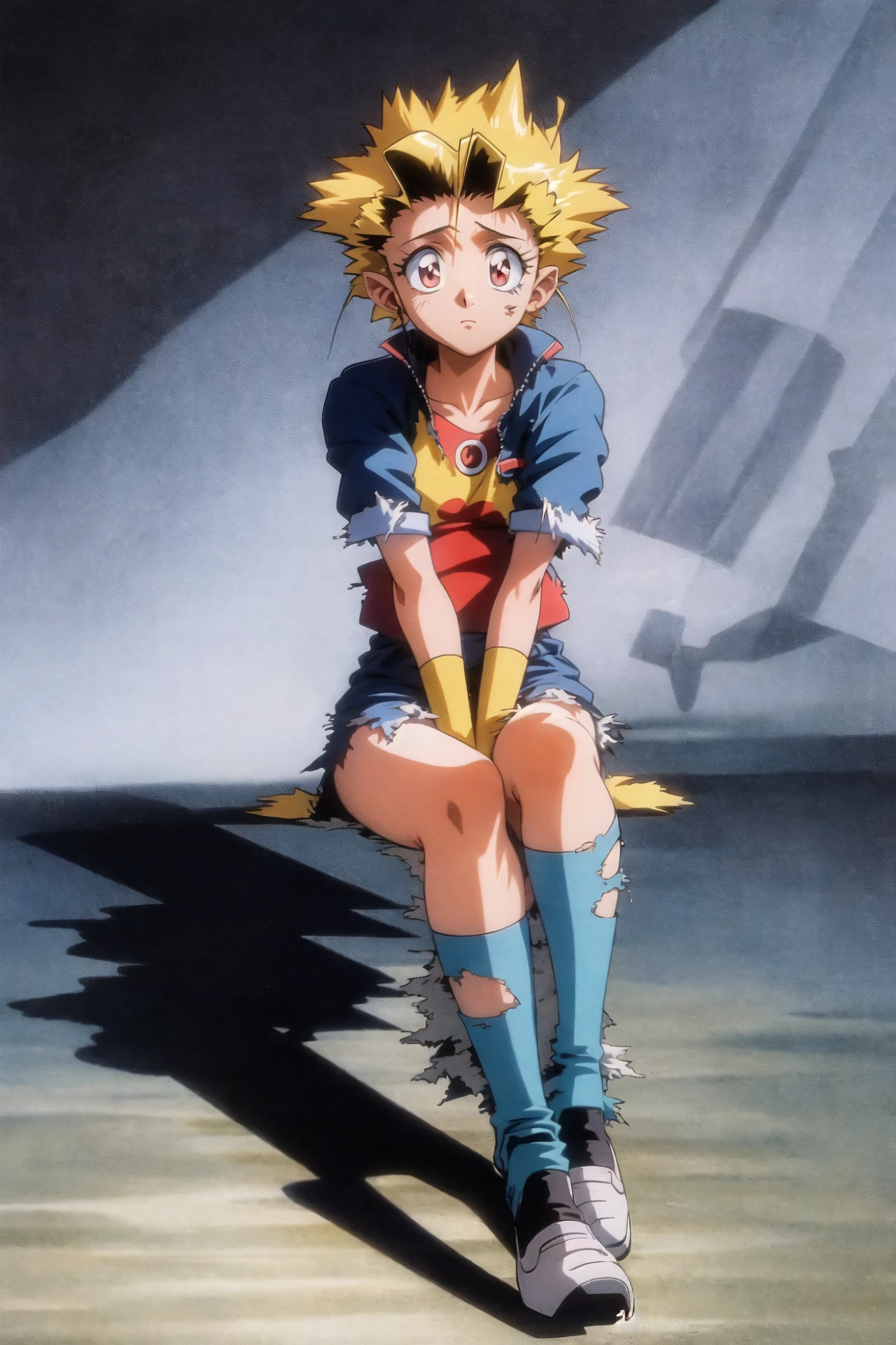 kuramitsu mihoshi, tenchi muyou!, 1girl, solo, torn clothes, torn legwear, 1990s \(style\), full body, sitting <lora:90sv3.0R:0.6>