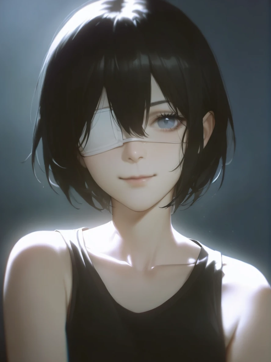 1girl,
solo,looking at viewer,realistic,black hair,short hair,medical eyepatch,one eye covered,blue eyes,collarbone,upper body,light smile,eyepatch,nose,shirt,black shirt,sleeveless,sleeveless shirt,
masterpiece,best quality,safe,
<lora:mki-ani3-konya_karasue-v2:1>,