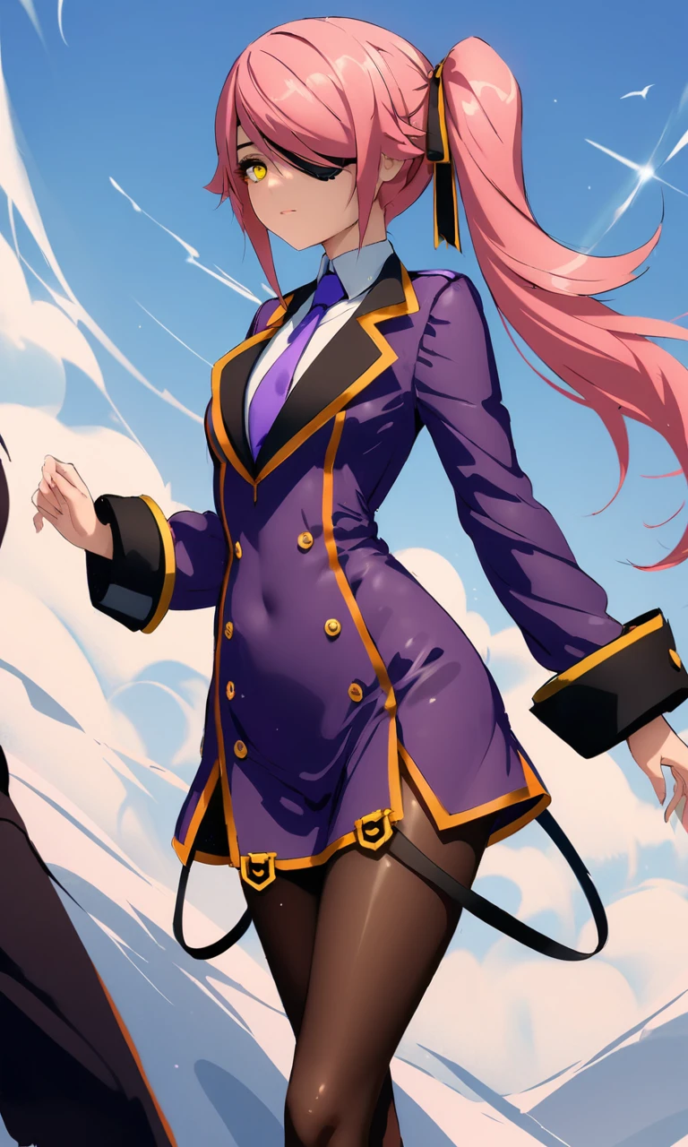 (masterpiece), (best quality), (ultra-detailed), Konoe_Ayatsuki_Mercury \(XB\),1girl, solo, long hair, long sleeves, dress, yellow eyes, pink hair, breasts, small breasts, pantyhose, necktie, hair over one eye,purple uniform, side ponytail, orange eyes, eyepatch, illustration, disheveled hair, detailed eyes, perfect composition, moist skin, intricate details, earrings, by wlop, Konoe_Ayatsuki_Mercury \(XB\),1girl, solo, long hair, long sleeves, dress, yellow eyes, pink hair, breasts, small breasts, pantyhose, necktie, hair over one eye,purple uniform, side ponytail, orange eyes, eyepatch, cinematic, stunning, highly detailed, artistic