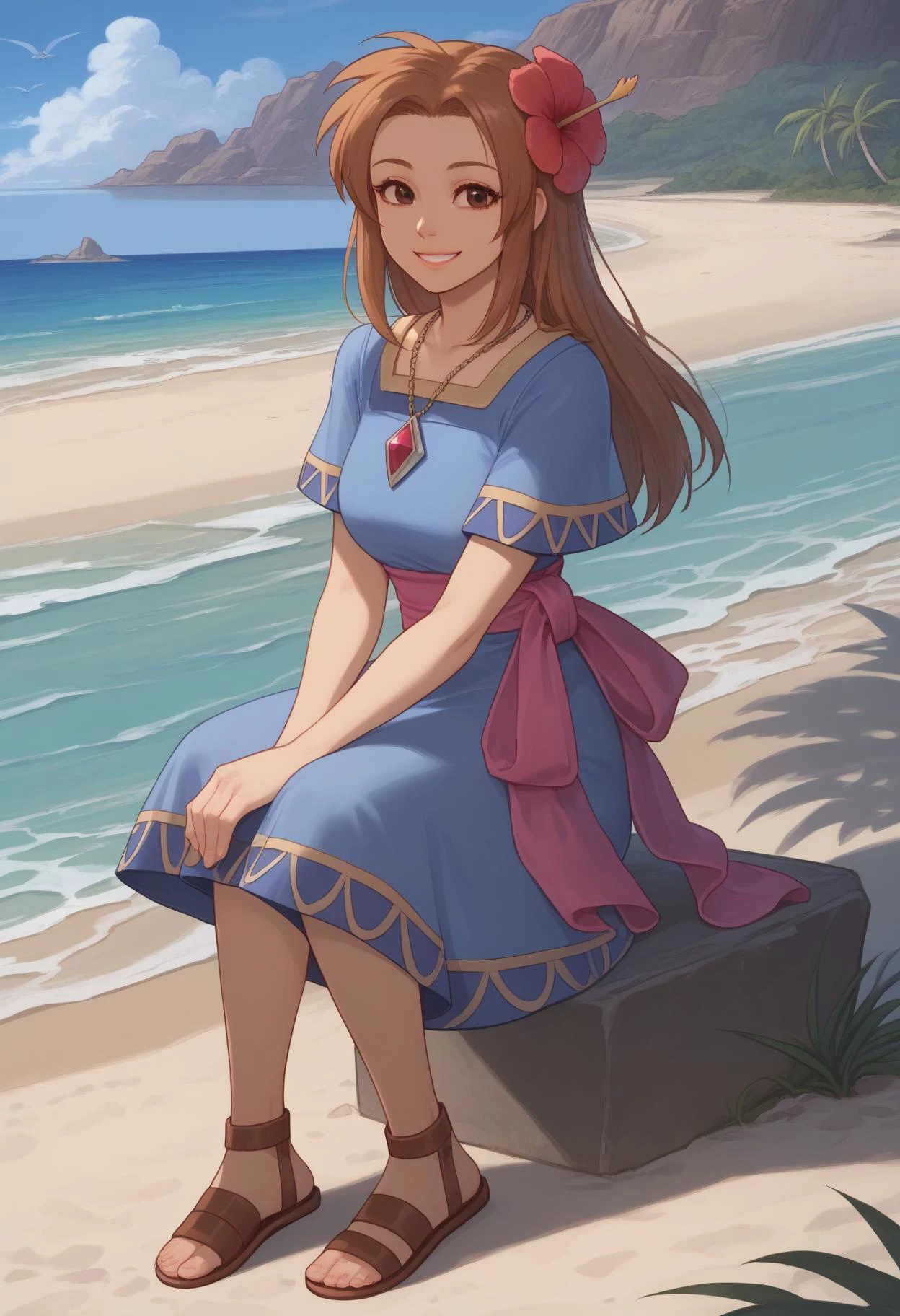 score_9,  score_8_up, solo, <lora:Degen_Marin_v1-000009:1> marin, blue dress, sash, necklace, short sleeves, single hair flower, sandals, brown eyes, smile, beach, sitting with elbows on knees