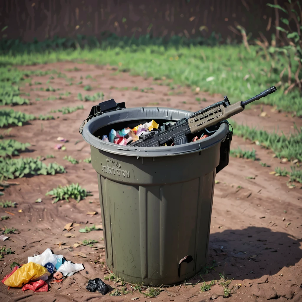 a rifle in a trash can, l85,