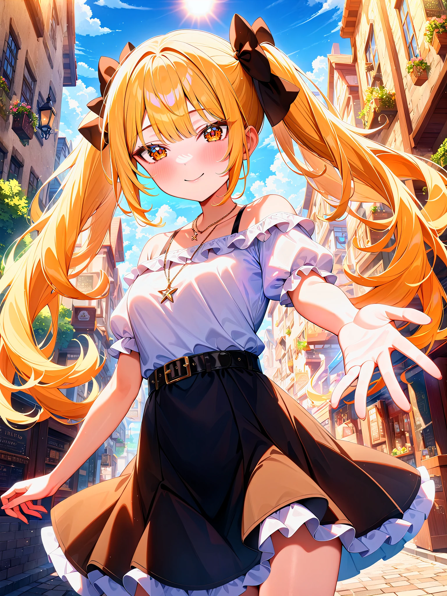 masterpiece, best quality, very aesthetic, absurdres, newest, 
1girl, cute girl, original, 
medium breasts, brown eyes, orange eyes, slanted eyes, teenage,
pale yellow hair, blonde hair, twintails, long hair, eyebrows visible through hair,
white shirt, short sleeves, puffy sleeves, white frills, off shoulder, bare shoulders,
frilled skirt, hair bow, black bow, black skirt, belt, necklace, star \(symbol\),
smile, closed mouth,
street, town, day, blue sky, sun, sunlight, 
reaching out,
<lora:FaceCheek_B_R_XL:1> <lora:FaceLight_B_R_XL:1> <lora:EyeShape_A_Tsurime_XL:1>