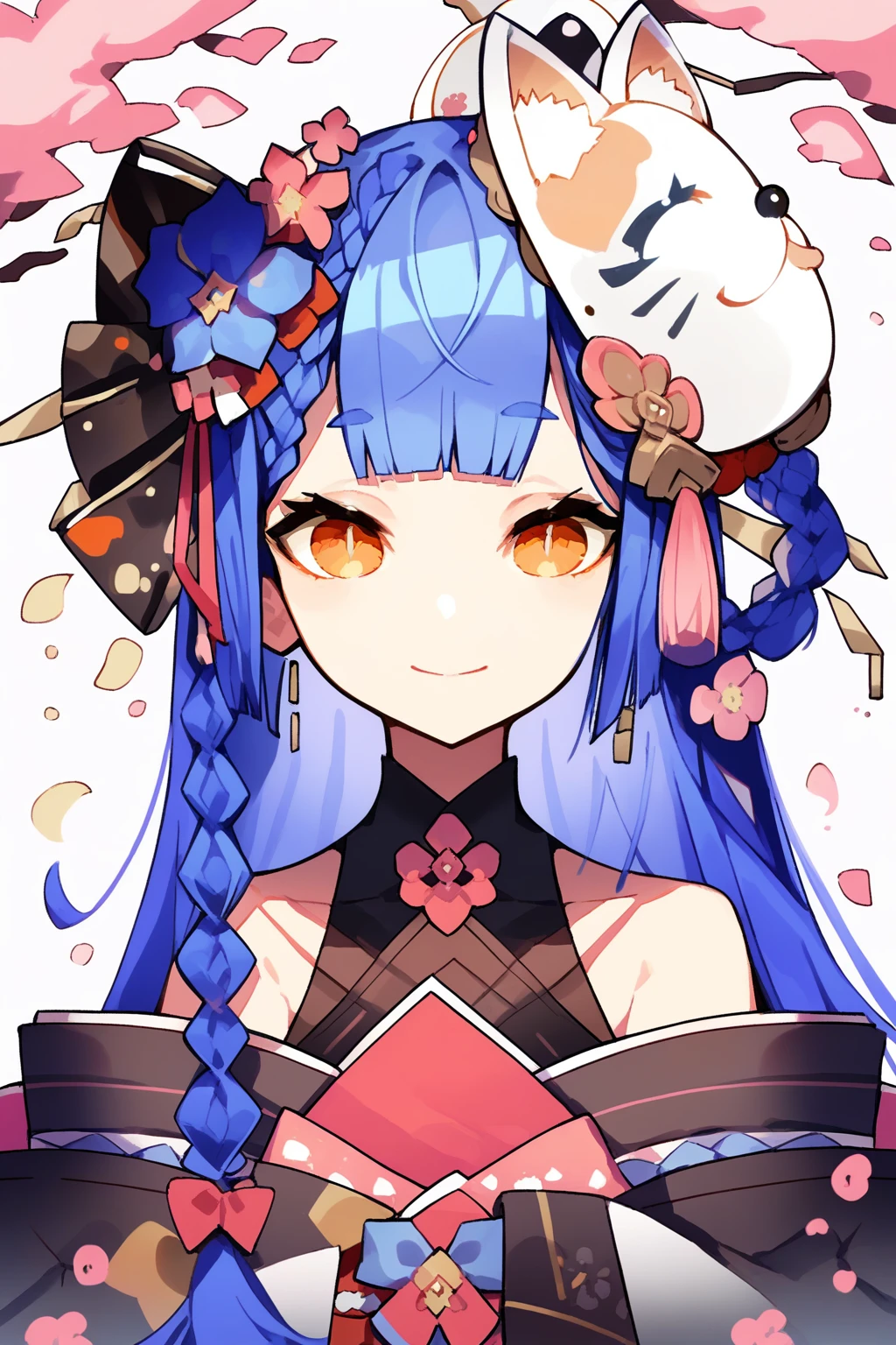 (score_9,score_8_up,score_7_up,),<lora:Azi2:0.9>,azi,solo,1girl,orange eyes,yellow eyes,fox mask,long hair,mask on head,japanese clothes,blue hair,hair ornament,virtual youtuber,very long hair,looking at viewer,kimono,braid,flower,bare shoulders,bangs,wide sleeves,hair flower,long sleeves,straight-on,pink bow,off shoulder,upper_body,outdoors,light smile,<lora:MikaPikaZoXLP6lokrV42310:0.6>,liquid background,