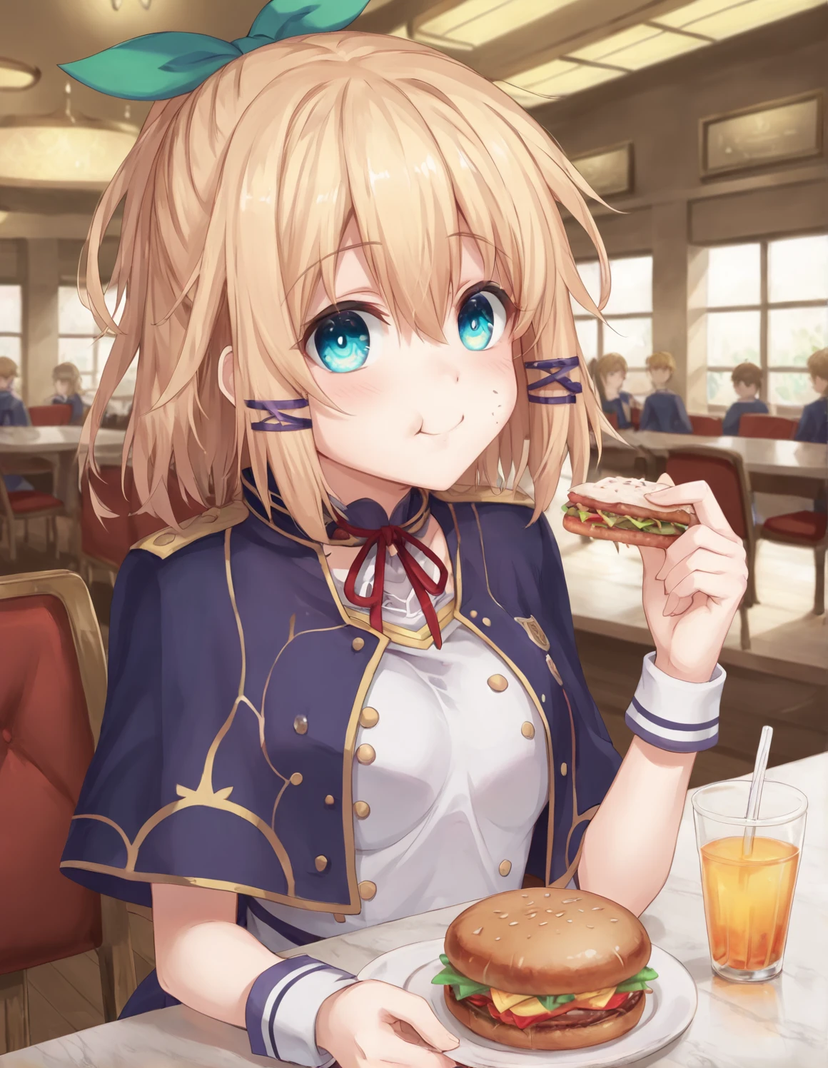 score_9, score_8_up, score_7_up, Rumia Tingel, masterpiece, best quality, 1girl, vibrant, vivid, high saturation, beautiful, highly detailed, intricate details, perfect face, perfect eyes, detailed eyes, global illumination, cute, cafe, eating a hamburger, puffed cheeks, crumbs on face, school uniform, messy eater