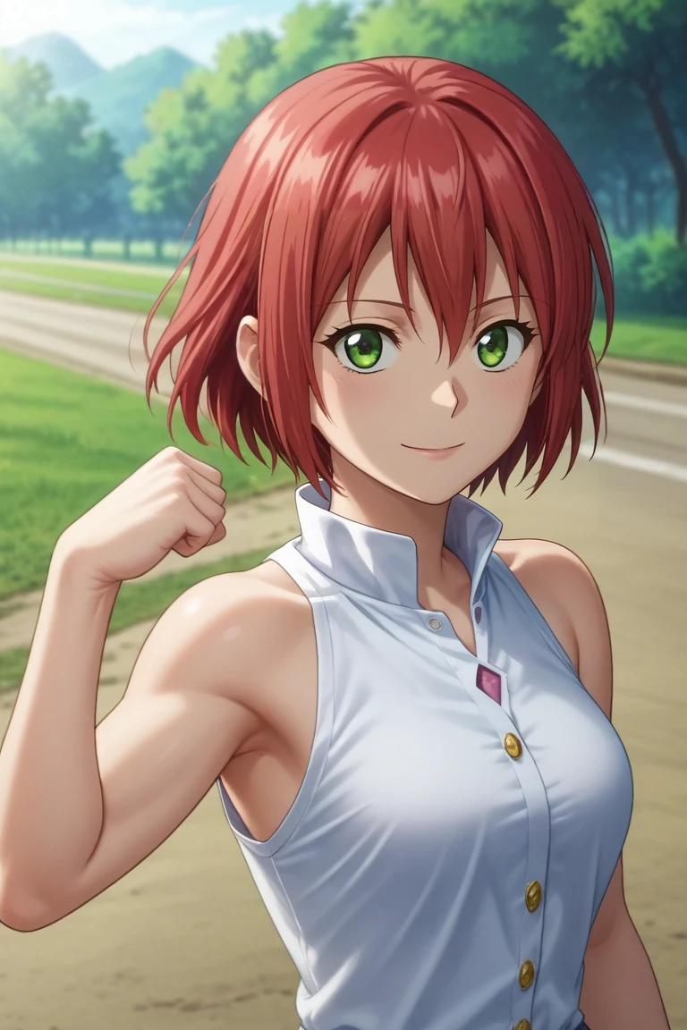score_9, score_8_up, score_7_up, source_anime, rating_safe, intricate details, anime screencap, , , looking at viewer, depth of field, 1girl, solo, <lora:shirayuki-hime_pony:0.76>, shirayuki-hime, red hair, green eyes, hair between eyes, short hair, upper body, highway, dawn, flexing, smile, shirt, bare shoulders, blue shorts, short shorts, (jewelry), kneehighs, <lora:sdxl_lightning_8step_lora:1>