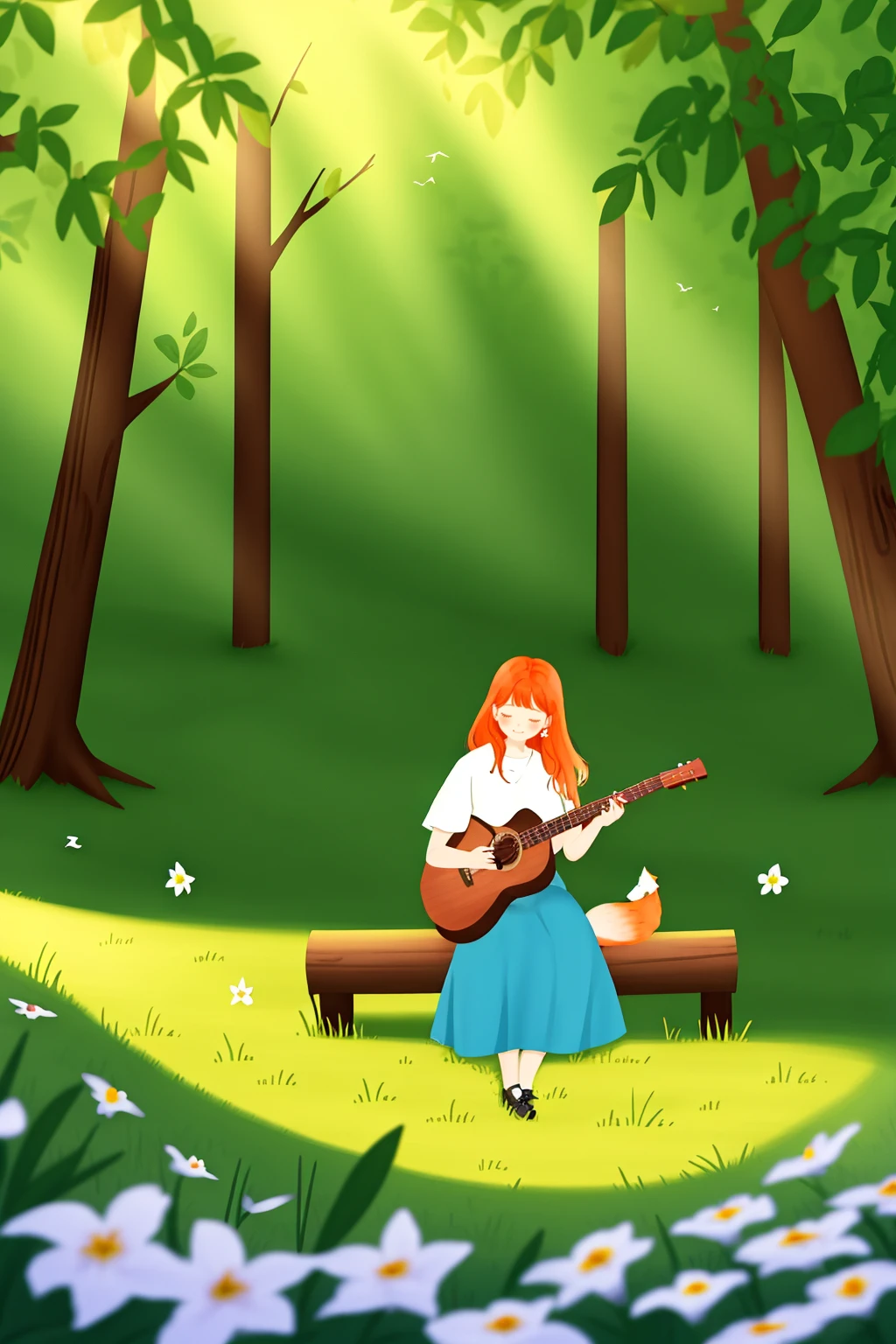 <lora:chat0515:0.8>,illustrations,1girl,instrument,skirt,flower,fox,long hair,shirt,outdoors,white shirt,sitting,blue skirt,white flower,orange hair,grass,music,nature,solo,short sleeves,playing instrument,tree,smile,animal,holding,wide shot,long skirt,holding instrument,plant,bird,bangs,day,sunlight,leaf,forest,