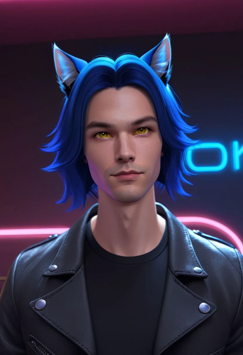 vpzdxizz, solo, animal ears, blue hair, 1boy, male focus, jacket, realistic, halo, shirt, cat ears, leather, looking at viewer, upper body, black jacket, open jacket, open clothes, yellow eyes, closed mouth, white shirt,  portrait, sidelighting, neon lighting, neon halo, ,  cinematic angle, masterpiece, best quality ,