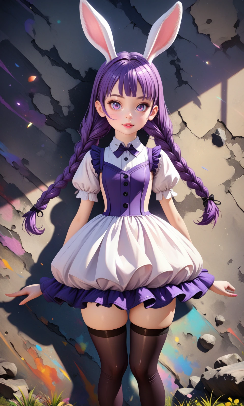 solo, elinxl, purple hair, rabbit ears, twin braids, puffy dress, thighhighs,
looking at viewer, straight-on, 
outdoors, 
detailed background, 
colorful, drop shadow, light particles, 
masterpiece, best quality, very aesthetic, absurdres, 
<lora:Elin_XL:1>