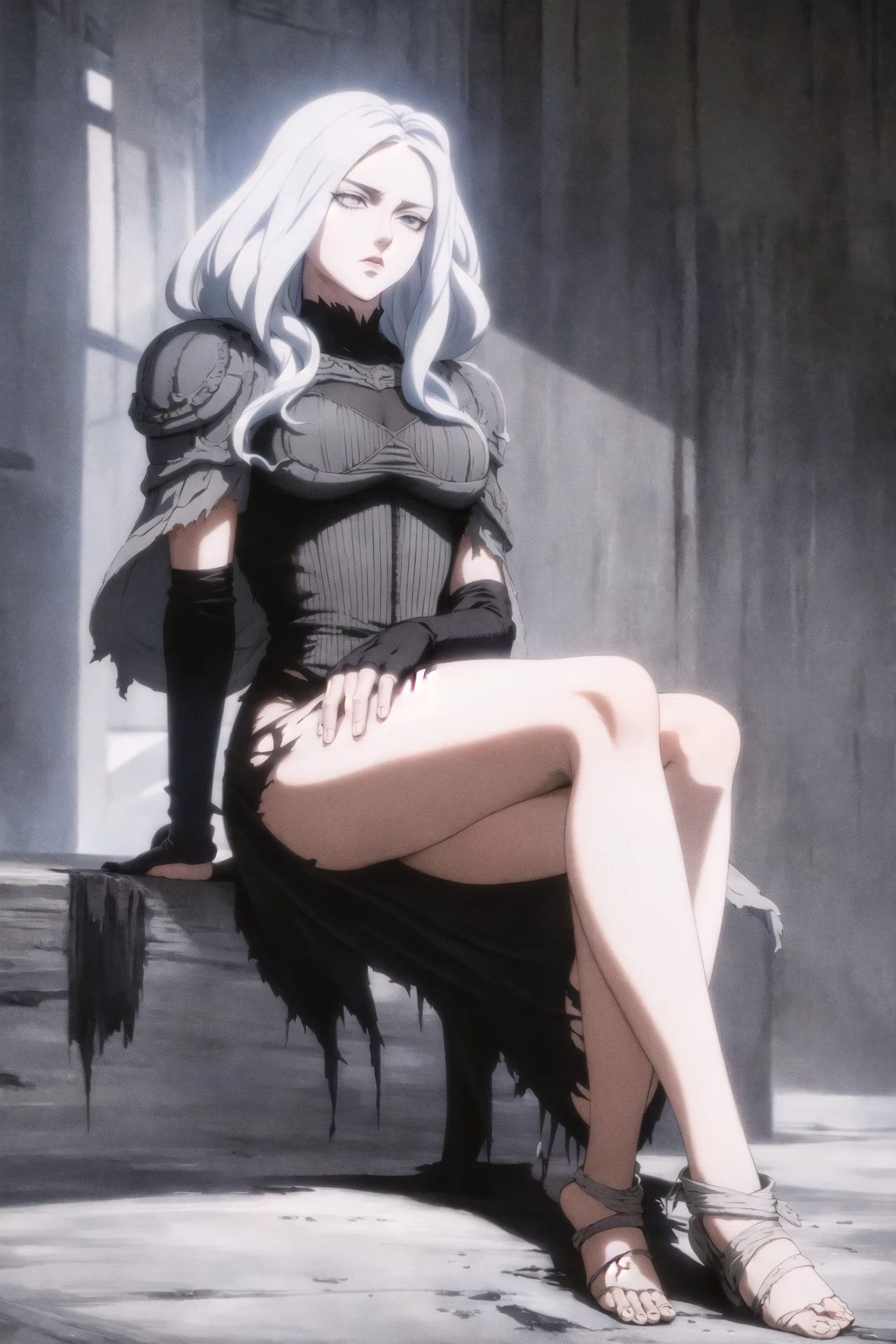 slan (berserk), berserk, 1girl, solo, torn clothes, torn legwear, 1990s \(style\), full body, sitting <lora:90sv3.0R:0.6>