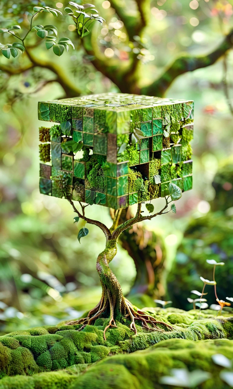 cube impression, 3D rendering, abstract tree, cube foliage, green tones, metallic texture, high detail, bokeh background, mossy ground, fantasy concept, floating leaves, soft lighting, artistic, environmental art, nature-inspired, surreal, vibrant colors, intricate trunk structure, depth of field..,<lora:cube_XL:0.8>