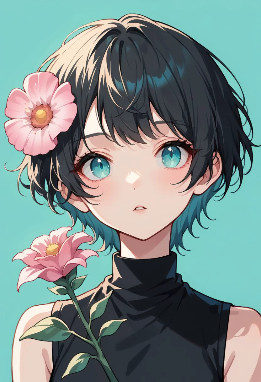 pastel style, 1girl, solo, flower, leaf, short hair, parted lips, sleeveless, looking at viewer, simple background, aqua background, upper body, pink flower, black hair, blue background, sleeveless shirt, shirt, blue eyes, black shirt, portrait, aqua eyes, soft color, soft hues, chalk, pigment, pastel color, pastel pencil technique, soft color tones, pastel painting, pastel (medium), zPDXL