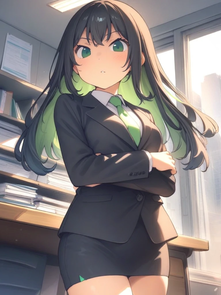 1girl, black long hair, green inner hair, green eyes, suit, skirt, office, desk, <lora:hobbyanon_aaaa_quad-a_v1_AnimagineXLV31:1>,
cowboy shot, looking at viewer, solo,
very aesthetic, aesthetic,
masterpiece, best quality