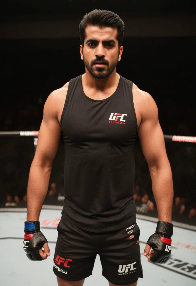 homoerotic photo of Kumail Nanjiani a man <lora:Gautam-Gulati_Kumail-Nanjiani:0.8>, UFC fighting ring, cocky expression, as a UFC fighter, (black muscle shirt:1.4), Venum UFC shorts, ((full body portrait)), wide angle, ((masterpiece)), natural skin, natural body muscle definitions, adobe lightroom, photolab, intricate, highly detailed, sharp focus, insane details, intricate details, hyperdetailed, low contrast, soft cinematic light, exposure blend, dim colors, dim light, Award - winning, with Kodak Portra 800, a Hasselblad 500 ,55mm f/ 1.9 lens, extreme depth of field, available light, high contrast, Ultra HD, HDR, DTM, 8K,