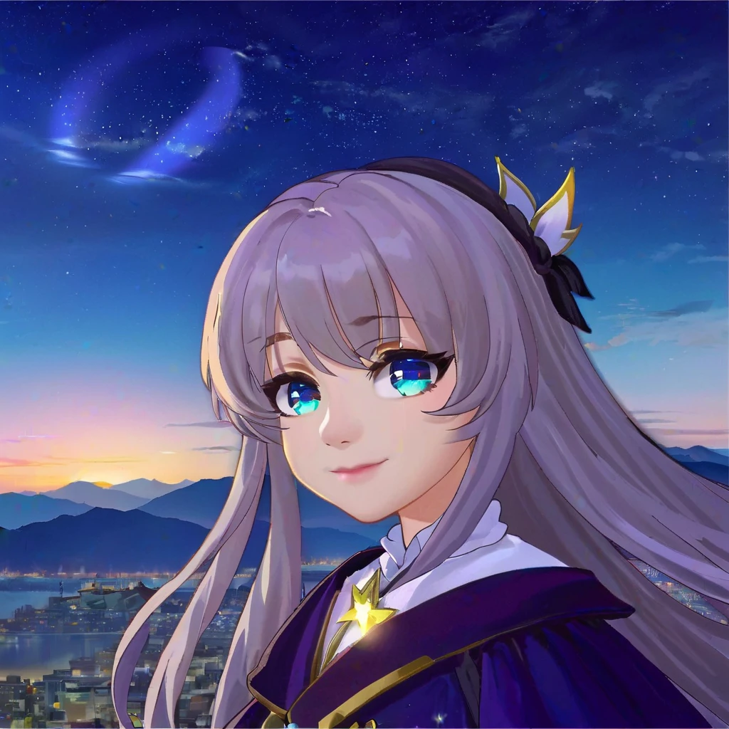 masterpiece,best quality,<lora:firefly_new:1>,firefly \(honkai: star rail\), 1girl, solo, sky, star_\(sky\), looking_at_viewer, smile, long_hair, starry_sky, blue_eyes, bangs, night, hairband, night_sky, closed_mouth, white_hair, long_sleeves, black_hairband, wing_hair_ornament, hair_ornament, dress, hair_between_eyes <lora:FakeMobileGame:0.9>