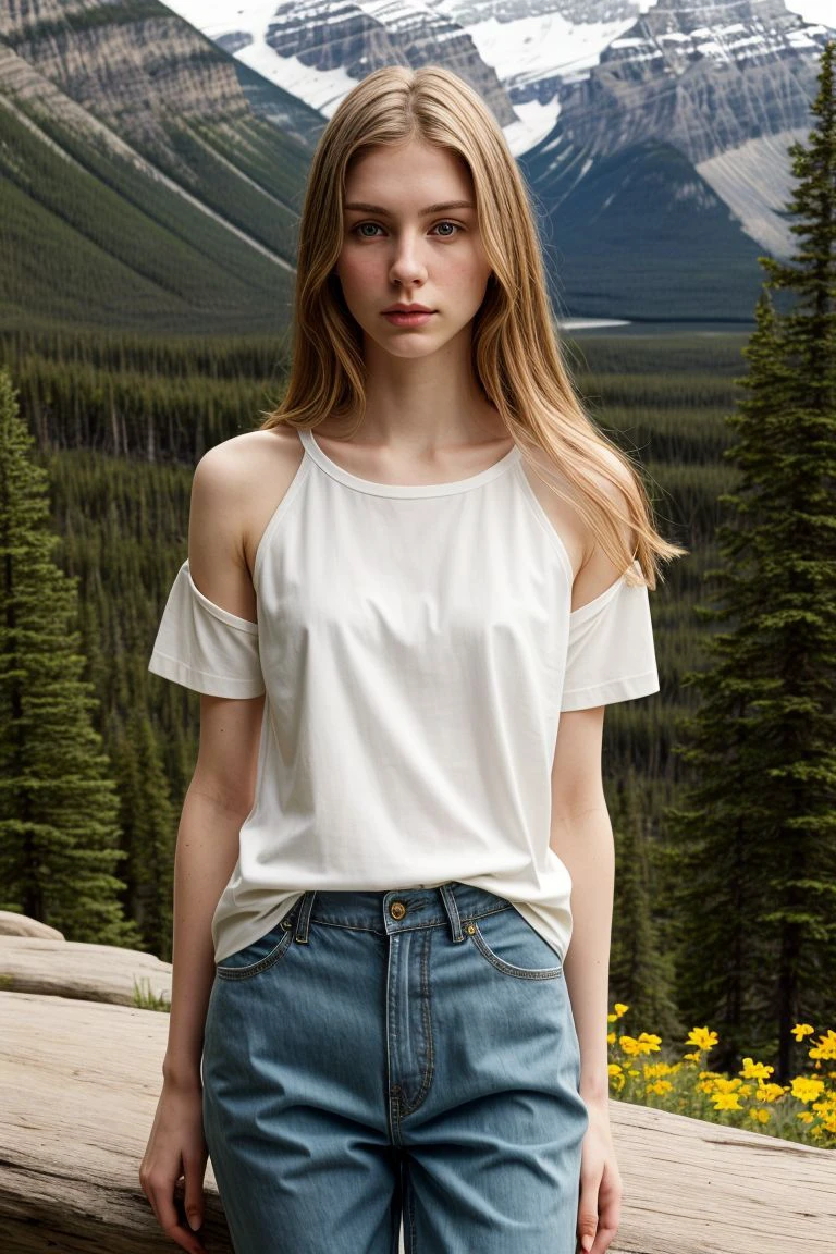 <lora:kawaii7.1.3_obj20:0.75:0.25>, European woman, closeup, sandals, (shirt), pants, (banff national park), ZM_elea, wide shoulders, perfect face, (contact iris: 1.1), pale skin, skin pores , depth of field