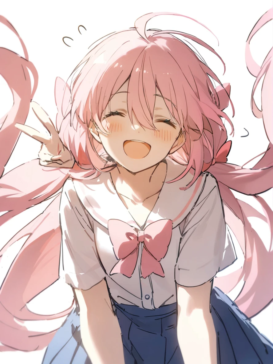1girl,
solo, ahoge, blush, facing viewer, pleated skirt, closed eyes, long hair, shirt, open mouth, simple background, very long hair, :d, upper body, skirt, ^_^, floating hair, sketch, white shirt, blue skirt, hair bow, short sleeves, hair between eyes, white background, smile, twintails, pink bow, bow, pink hair, collarbone, v, low twintails,
masterpiece, best quality, safe
<lora:mki-ani3-konya_karasue-v2:1>