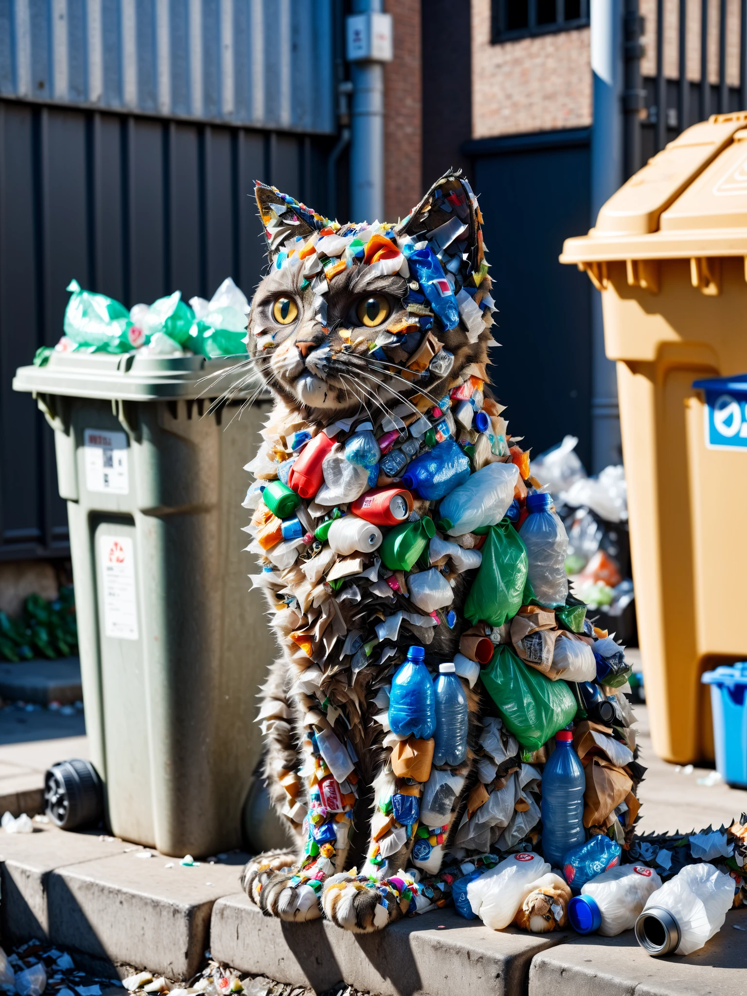 mad-garbage cat sitting in front of garbage bin<lora:Garbage_SDXL:1.0>, raw photo, film grain, Fujifilm XT3, (photorealistic, realistic:1.2), deep shadow, 8k, uhd, dslr, ultra high res