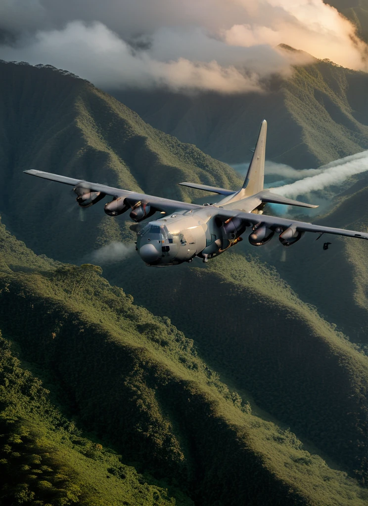 Cinematic still looking up at USAF AIR_C130 flying over mountainous jungle, crepuscular clouds, sunset <lora:AIR_C130:1>