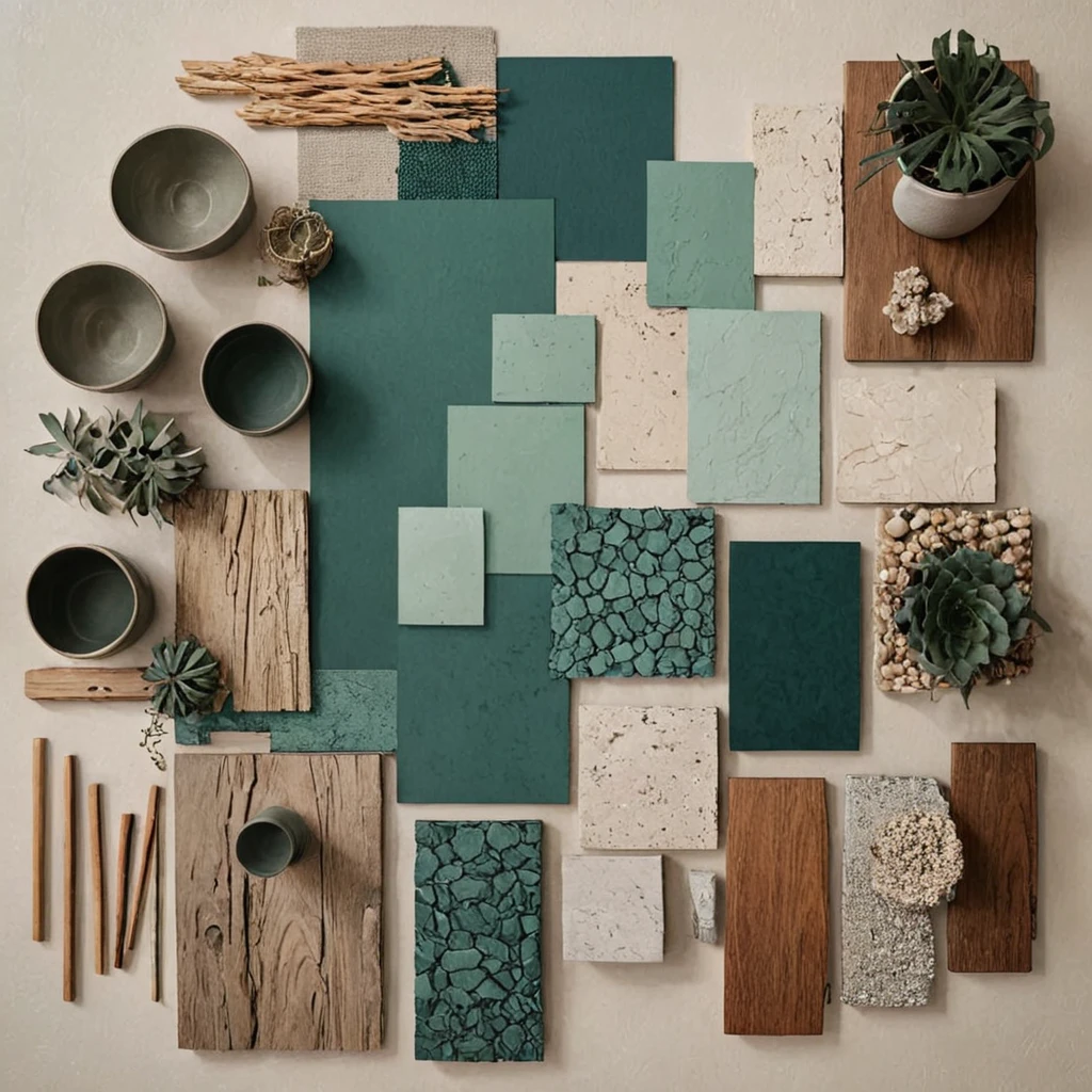 <lora:MoodBoard_V1-000005:1> simple Mood board of a interior design, background beige, with green finishes, with wood,, perfect photo , extremely detailed, aesthetic, vibrant, evening, striking design