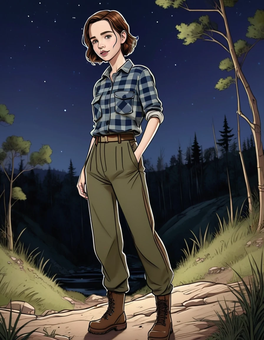 educational cartoon from the back by loish coloring a slender, full-grown, and swedish [ellen page|natalie dormer|jennifer connelly]; wearing a warm flannel shirt and military pants with a catholic design; featuring a brown short haircut. shown looking back winking within an abandoned ravine at night.<lora:RufXL2:1>