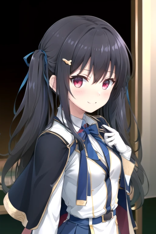((masterpiece)),(best quality),official art,extremely delicate and beautiful,extremely detailed CG,unity 8k wallpaper,ultra detailed,beautiful detailed eyes,extremely detailed face,outdoors,1girl,solo,upper body,(portrait:1.5),looking at viewer,facing viewer,smile,(petite:1.2),Daisy Moss,very long hair,shiny hair,black hair,twintails,gradient hair,multicolored hair,crescent hair ornament,hair ribbon,blue ribbon,blue bow,hairclip,sidelocks,hair between eyes,bangs,red eyes,uniform,gold trim,black cape,white jacket,wing collar,red bowtie,collared shirt,white shirt,dress shirt,long sleeves,white gloves,medium breasts,blue belt,miniskirt,blue skirt,pleated skirt,zettai ryouiki,black thighhighs,high heels,<lora:Daisy Moss(rhsooen):0.8>,