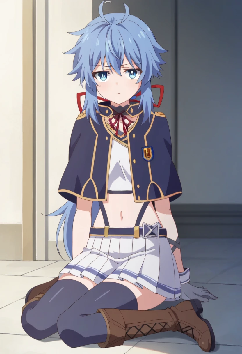 music_Miguldia(Mushoku Tensei)、1 girl, masterpiece、quality、blue eyes、dark blue hair、Double braids}、{calm}、{Predominant}、{{kurta}}、Sartori、{calm}、poker face、looking at the audience、{low angle}, {lower body}、national foundation, {{a sexy}},(Skirt lift:1.3),(crotch rub:1.4),table humping