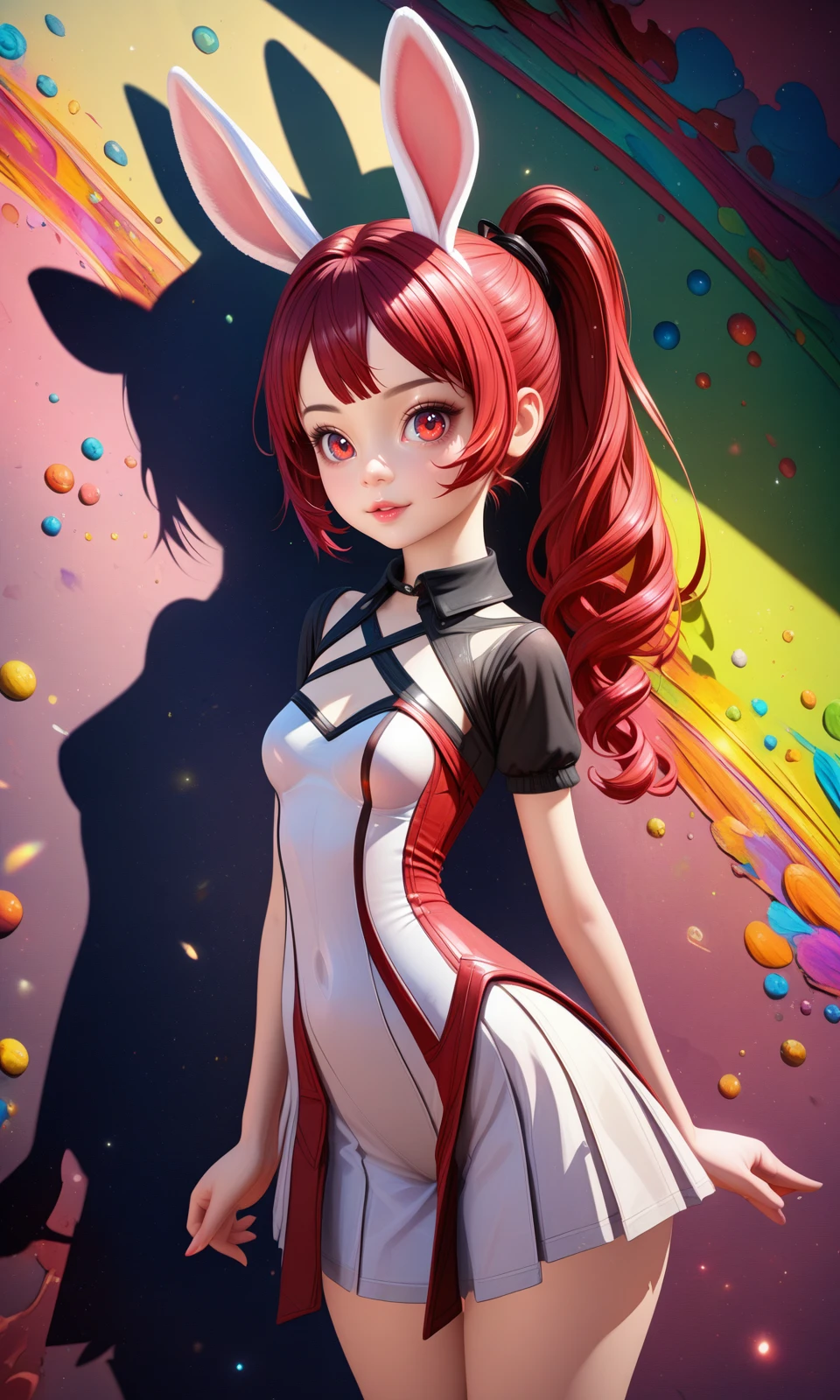 solo, elinxl, red eyes, red hair, ponytail, medium breasts, rabbit ears, 
detailed background,
colorful, drop_shadow, light_particles
masterpiece, best quality, very aesthetic, absurdres, 
<lora:Elin_XL:1>