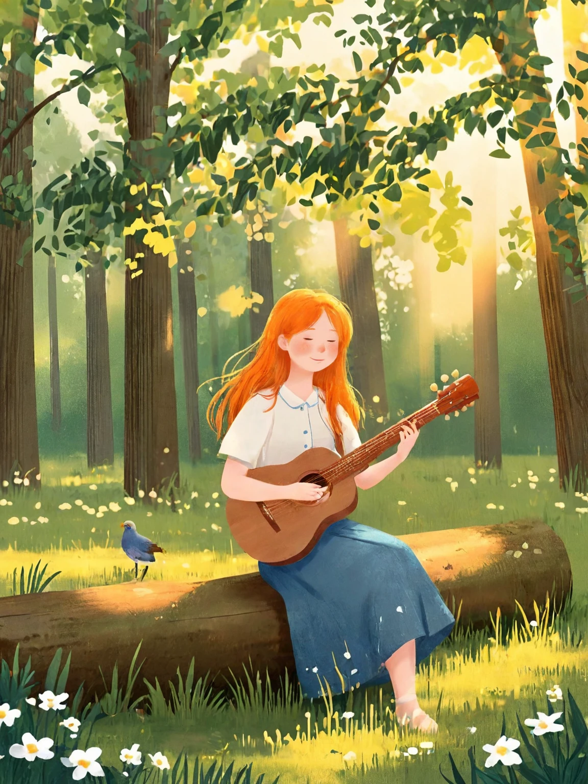 <lora:chatu0516:0.7>,illustrations,1girl,instrument,skirt,flower,long hair,shirt,outdoors,white shirt,blue skirt,white flower,orange hair,grass,music,nature,solo,short sleeves,playing instrument,tree,smile,holding,wide shot,long skirt,holding instrument,plant,bird,bangs,day,sunlight,leaf,forest,