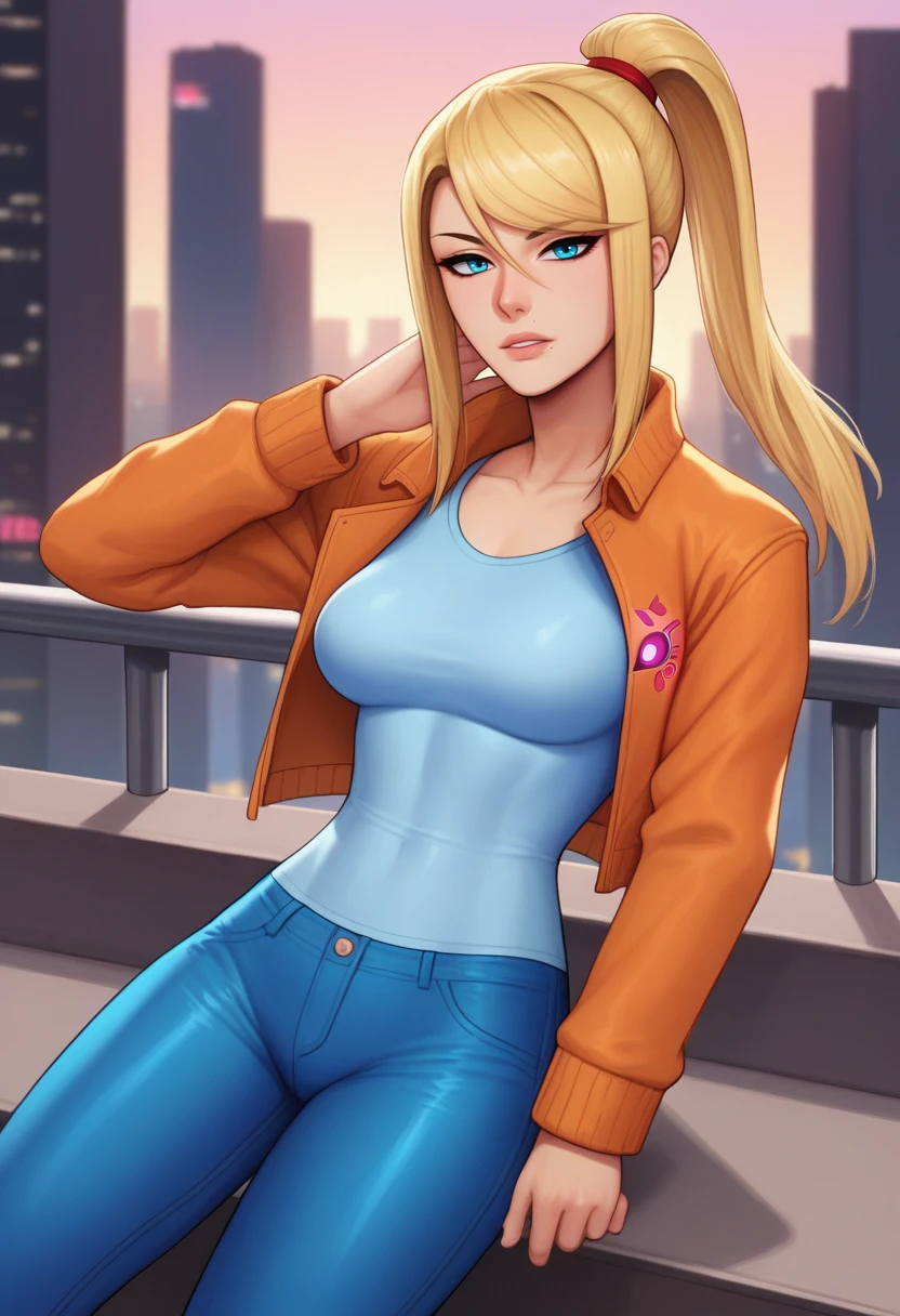 score_9, score_7_up, BREAK <lora:mykinkyqueen-guy-PONYv1:1>, 1girl, solo, samus aran, jacket, shirt, jeans, city,