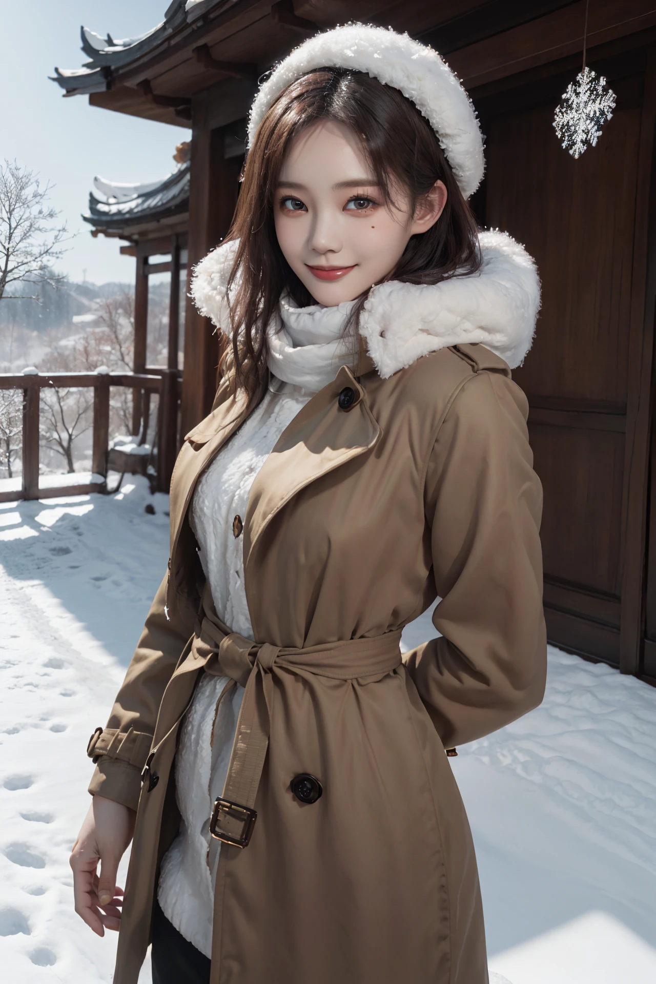 (4k, best quality, highres, absurdres, masterpiece:1.21), (realistic:1.331), detailed and intricate, 
cinema light, (authentic skin texture:1.3), 
1girl, perfect body, medium breasts, shiny skin, 
smile, arms behind back, 
scarf, trench_coat, 
chinese style architecture, snowing, snowflakes, winter, lamp, 
<lora:add_detail:0.3>, <lora:girlslike_lyt:0.8>