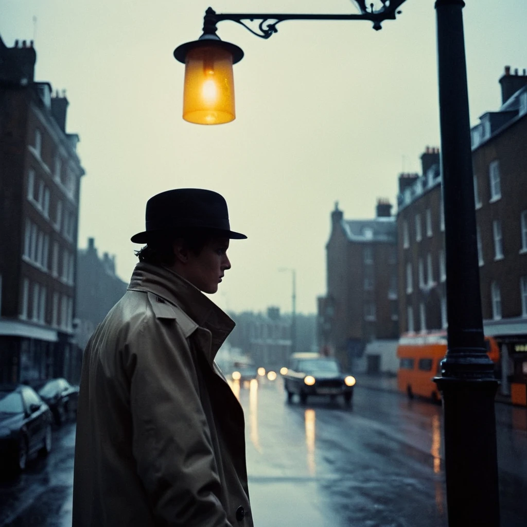 cinematic film still of  <lora:perfection style:0.5> <lora:detailed:0.5> perfection detailed
 <lora:Clockwork Orange film style:0.9>
In a futuristic dystopian Britain a man in a hat and trench coat is standing on a lamp post,solo,1boy,hat,male focus,boots,rain , cinematic, film, kodak, Clockwork Orange film style, shallow depth of field, vignette, highly detailed, high budget, bokeh, cinemascope, moody, epic, gorgeous, film grain, grainy