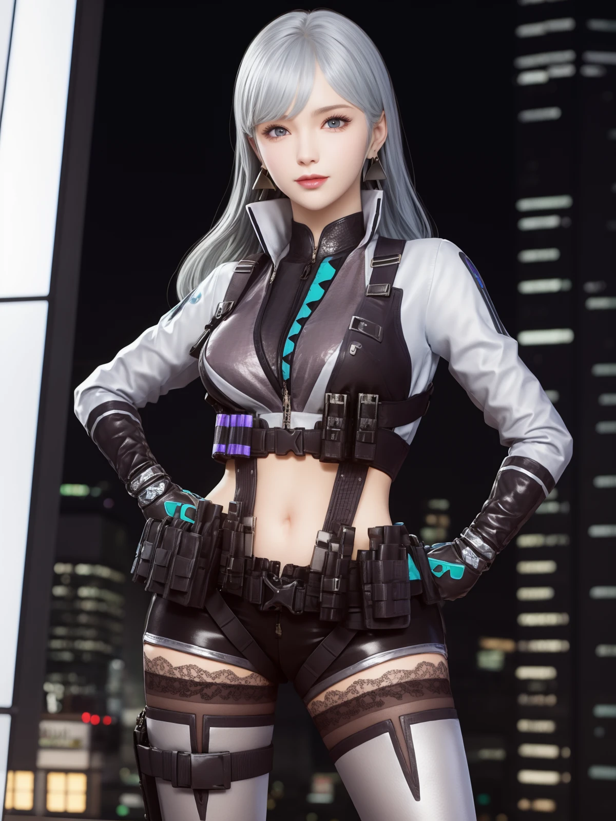 CFwangzhelanxierBW, 1girl, solo, gloves,long hair, thighhighs, jewelry, earrings, crop top, navel, thigh boots, midriff, black shorts,looking at viewer, grey hair, blue eyes, belt pouch, holster, lips, long sleeves, bangs, zipper, cropped jacket, lace, <lora:CFwangzhelanxierBW:0.75>,cityscape, night,